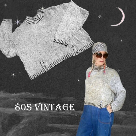 Crop Sweater Fall OVERSIZED Cropped Ramie Cotton Knit, Mock TurtleNeck is VTG - Picture 1 of 15